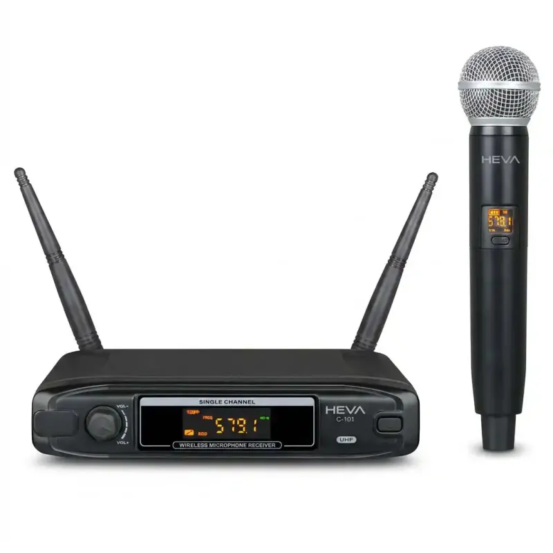 SISTEMA INALAMBRICO UHF HEVA PRO AUDIO-UN MICROFONO DE MANO UNA BASE Y ESTUCHE-INCLUYE CABLE USBC