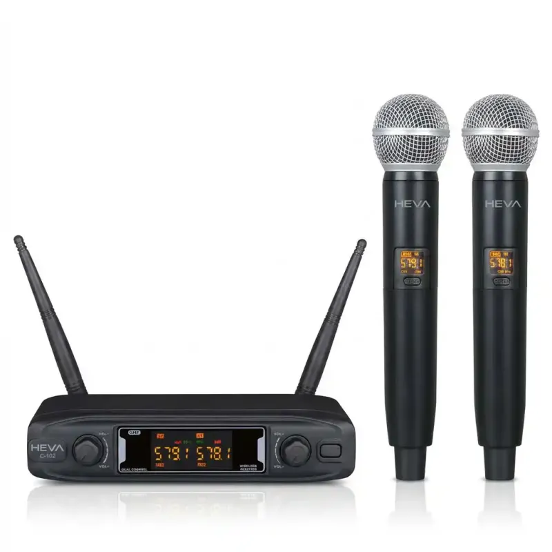 SISTEMA INALAMBRICO UHF HEVA PRO AUDIO-DOS MICROFONOS DE MANO UNA BASE Y ESTUCHE-INCLUYE CABLE USBC