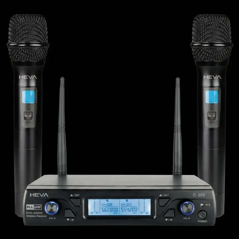 SISTEMA INALAMBRICO UHF HEVA PRO AUDIO-DOS MICROFONOS DE MANO UNA BASE Y ESTUCHE-INCLUYE CABLE USBC