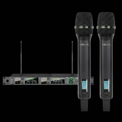 SISTEMA INALAMBRICO PLL UHF HEVA PRO AUDIO-DOS MICROFONOS DE MANO UNA BASE Y ESTUCHE-INCLUYE FUENTE