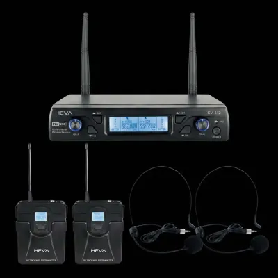 SISTEMA INALAMBRICO UHF HEVA PRO AUDIO-DOS MICROFONOS VINCHA UNA BASE Y ESTUCHE-INCLUYE CABLE USBC