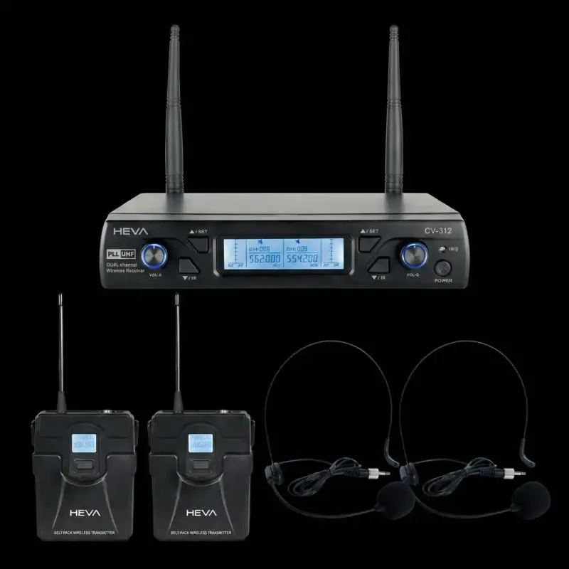 SISTEMA INALAMBRICO UHF HEVA PRO AUDIO-DOS MICROFONOS VINCHA UNA BASE-INCLUYE CABLE USBC