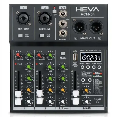 MIXER HEVA PRO AUDIO-4 CANALES-99 DSP-BLUETOOTH-+48V PHANTOM-GRABACION-INCLUYE CABLE USBC