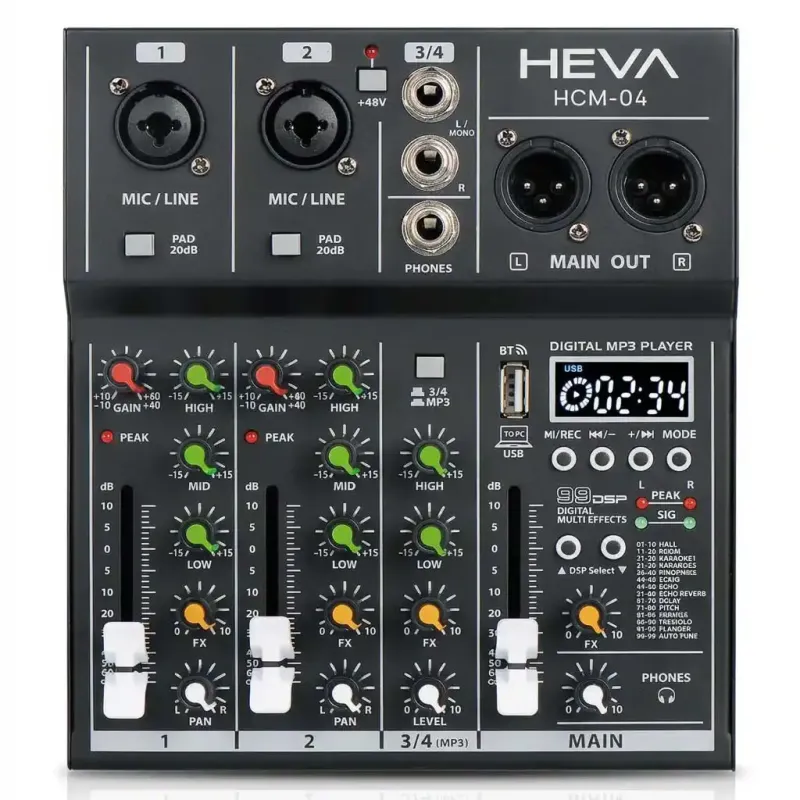 MIXER HEVA PRO AUDIO-4 CANALES-99 DSP-BLUETOOTH-+48V PHANTOM-GRABACION-INCLUYE CABLE USBC