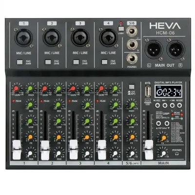MIXER HEVA PRO AUDIO-6 CANALES-99 DSP-BLUETOOTH-+48V PHANTOM-GRABACION-INCLUYE CABLE USBC
