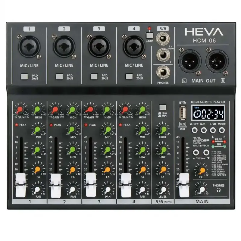 MIXER HEVA PRO AUDIO-6 CANALES-99 DSP-BLUETOOTH-+48V PHANTOM-GRABACION-INCLUYE CABLE USBC