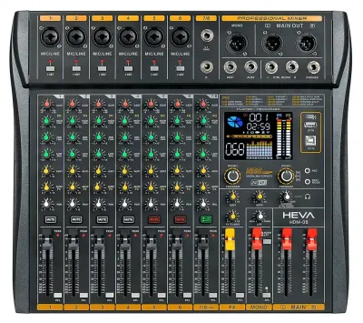 MIXER HEVA PRO AUDIO-8 CANALES-256 DSP-BLUETOOTH-+48V PHANTOM-GRABACION-INCLUYE FUENTE
