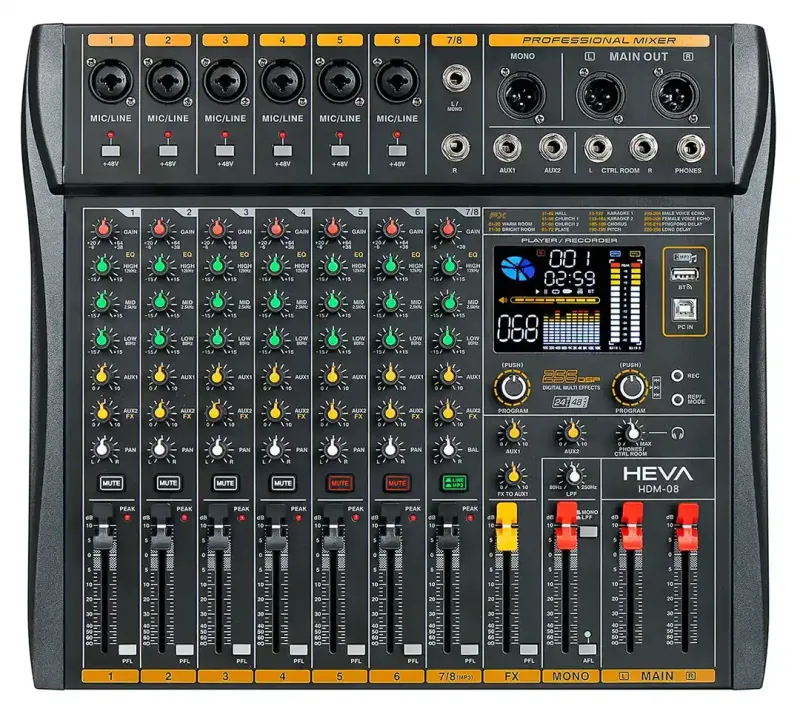 MIXER HEVA PRO AUDIO-8 CANALES-256 DSP-BLUETOOTH-+48V PHANTOM-GRABACION-INCLUYE FUENTE