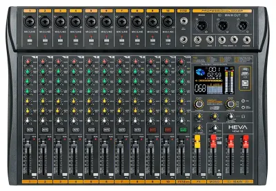 MIXER HEVA PRO AUDIO-12 CANALES-256 DSP-BLUETOOTH-+48V PHANTOM-GRABACION-INCLUYE FUENTE