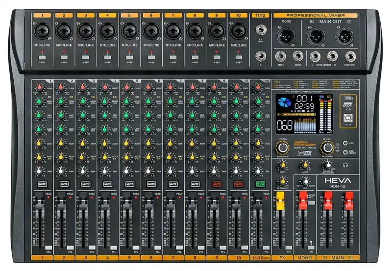 MIXER HEVA PRO AUDIO-12 CANALES-256 DSP-BLUETOOTH-+48V PHANTOM-GRABACION-INCLUYE FUENTE