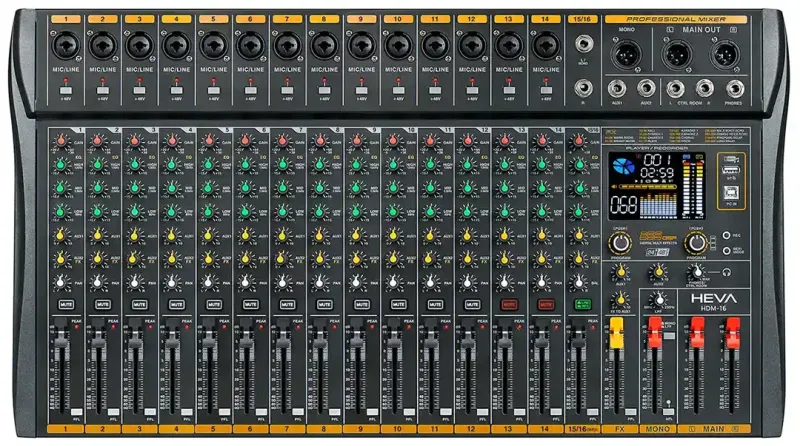 MIXER HEVA PRO AUDIO-16 CANALES-256 DSP-BLUETOOTH-+48V PHANTOM-GRABACION-INCLUYE FUENTE