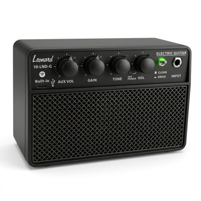 AMPLIFICADOR LEONARD PARA GUITARRA ELECTRICA 10WATTS-BATERIA RECARGABLE CON BLUETOOTH Y DISTORSION