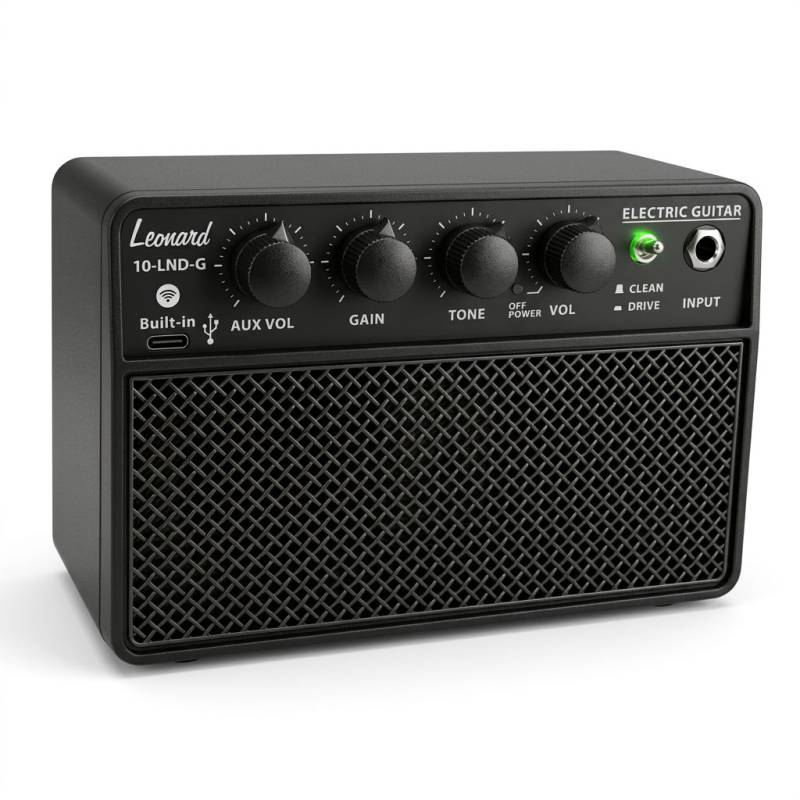 AMPLIFICADOR LEONARD PARA GUITARRA ELECTRICA 10WATTS-BATERIA RECARGABLE CON BLUETOOTH Y DISTORSION