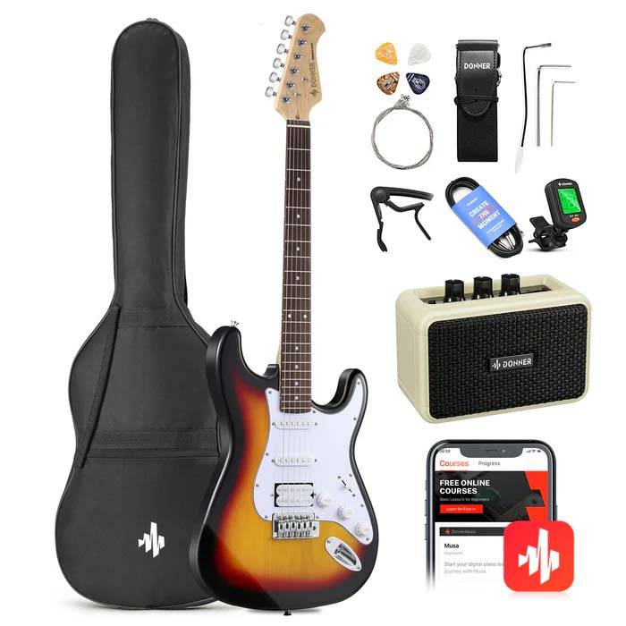 SET GUITARRA ELECTRICA DONNER DST100-AMPLIFICADOR 5W-FUNDA-AFINADOR-COLOR SUNBURST