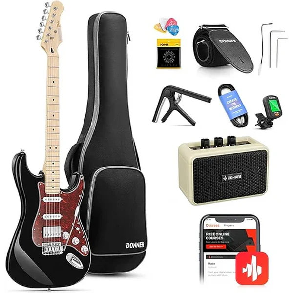 SET GUITARRA ELECTRICA DONNER DST150-AMPLIFICADOR 5W-FUNDA-AFINADOR-COLOR NEGRA