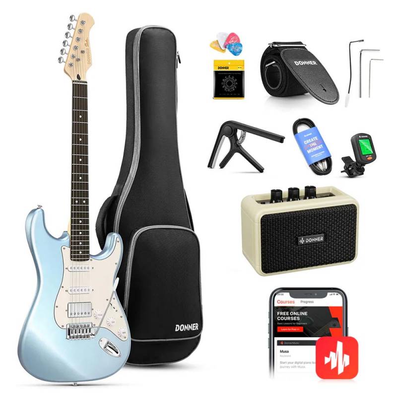 SET GUITARRA ELECTRICA DONNER DST150-AMPLIFICADOR 5W-FUNDA-AFINADOR-COLOR ICE BLUE