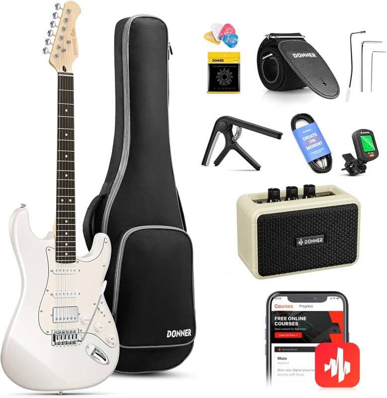 SET GUITARRA ELECTRICA DONNER DST150-AMPLIFICADOR 5W-FUNDA-AFINADOR-COLOR BLANCA