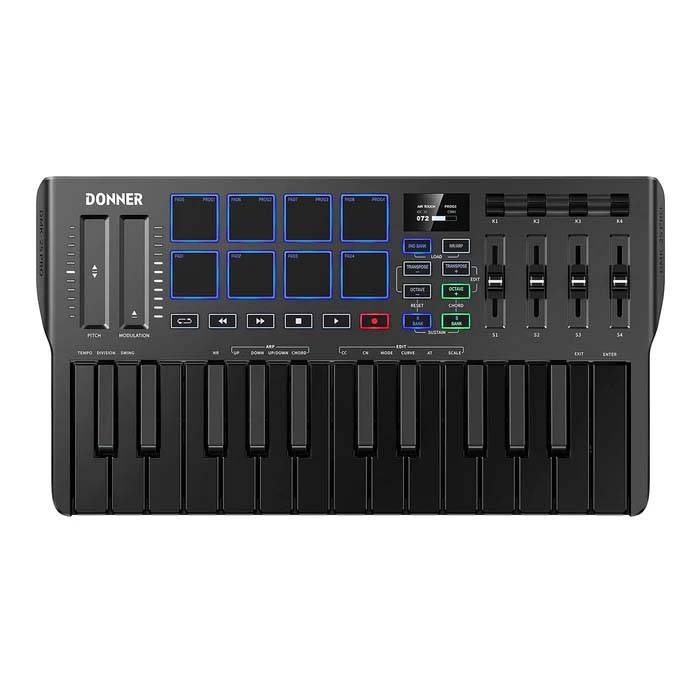 CONTROLADOR MIDI PRO DONNER DMK25-25 TECLAS-16 MODOS DE ESCALAS-BARRA TACTIL-TECLAS NEGRAS