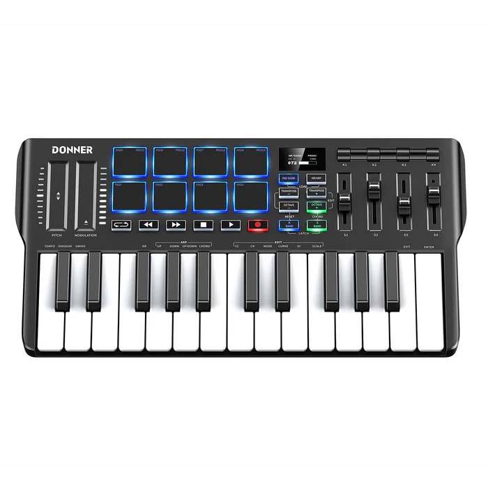 CONTROLADOR MIDI PRO DONNER DMK25-25 TECLAS-16 MODOS DE ESCALAS-BARRA TACTIL-TECLAS BLANCAS