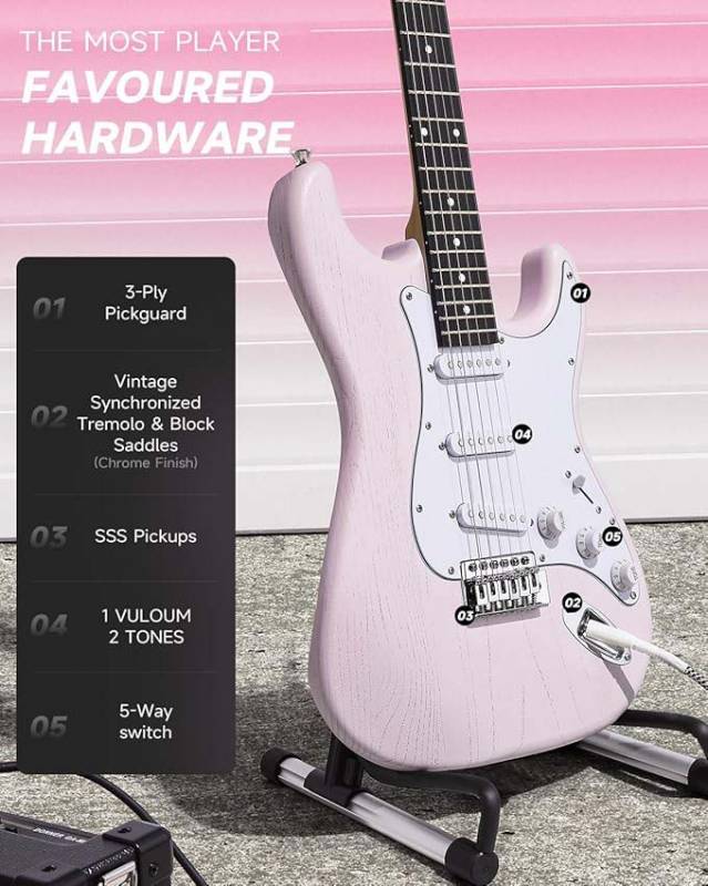 SET GUITARRA ELECTRICA DONNER DST80 CON AMPLIFICADOR 5W-FUNDA-AFINADOR COLOR SHELL PINK