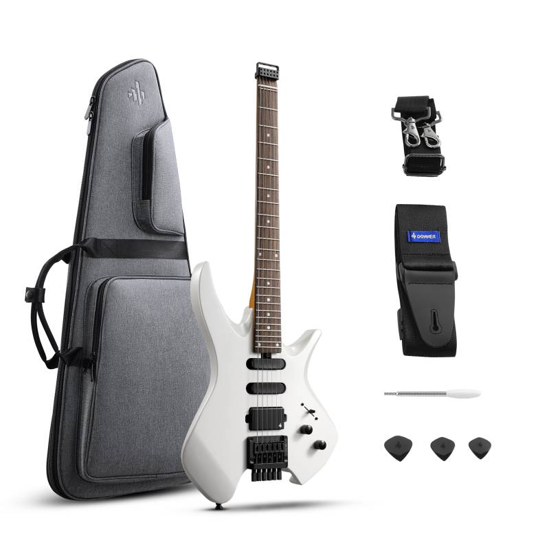 GUITARRA ELECTRICA DONNER NHL 500 HEADLESS-24 TRASTES-AFINACION PRECISA-FUNDA-CORREA-COLOR BLANCA
