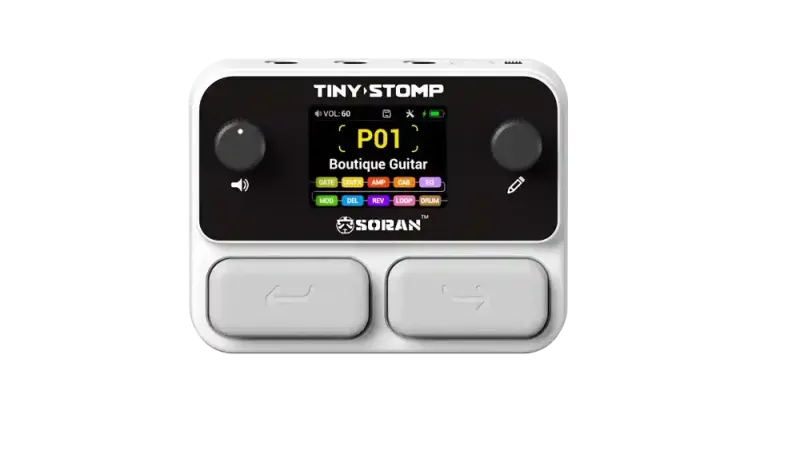 PEDALERA MULTIEFECTO SORAN TINY STOMP PORTATIL-125 EFECTOS-99 PRESETS-100RITMOS-AUTONOMIA DE 4HS