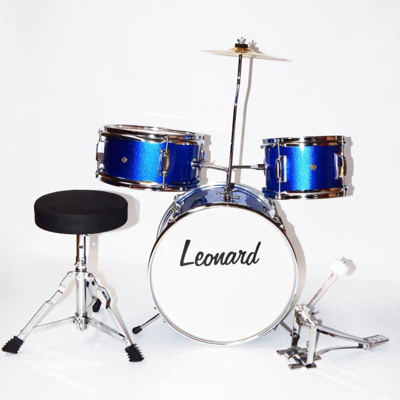 BATERIA LEONARD PARA NIÑOS 13 3 CUERPOS CON PLATILLO-PALILLOS-BANQUETA-COLOR AZUL METALIZADO
