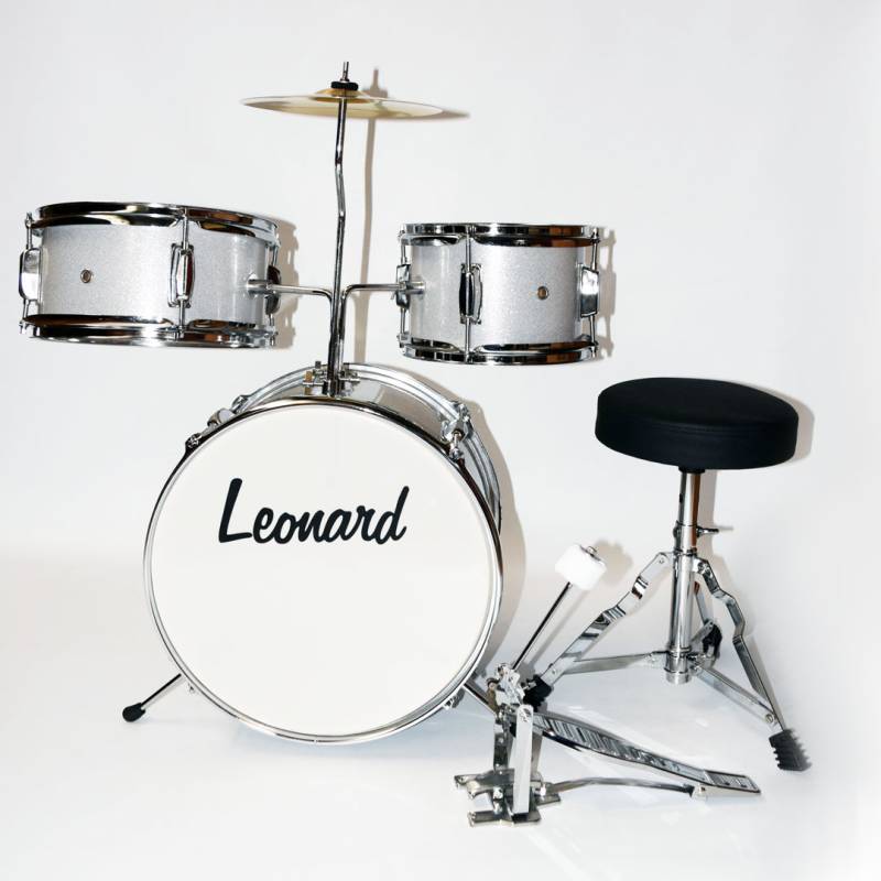 BATERIA LEONARD PARA NIÑOS 13 3 CUERPOS CON PLATILLO-PALILLOS-BANQUETA-COLOR SILVER