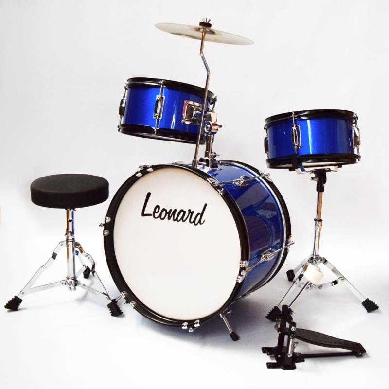 BATERIA LEONARD PARA NIÑOS 16 3 CUERPOS CON PLATILLO-PALILLOS-BANQUETA-COLOR AZUL METALIZADO
