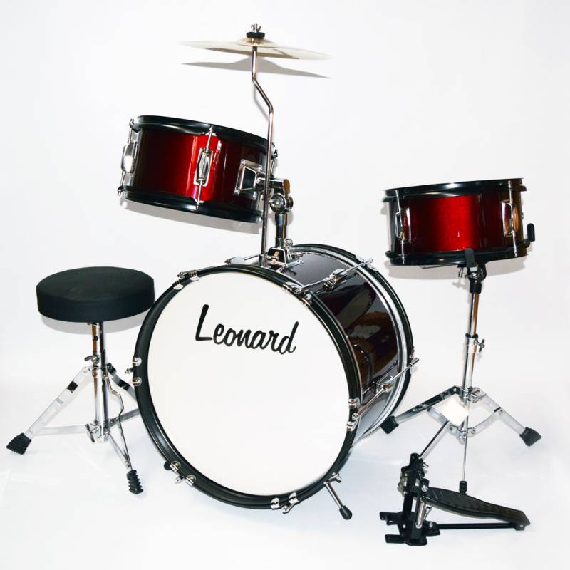BATERIA LEONARD PARA NIÑOS 16 3 CUERPOS CON PLATILLO-PALILLOS-BANQUETA-COLOR BORRAVINO