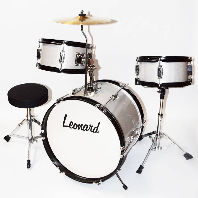 BATERIA LEONARD PARA NIÑOS 16 3 CUERPOS CON PLATILLO-PALILLOS-BANQUETA-COLOR SILVER