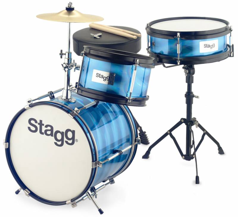 BATERIA STAGG PARA NIÑOS 12 3 CUERPOS CON PLATILLO-PALILLOS-BANQUETA COLOR AZUL METALIZADO