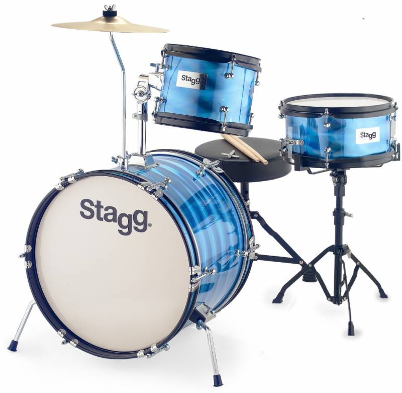 BATERIA STAGG PARA NIÑOS 16 3 CUERPOS CON PLATILLO-PALILLOS-BANQUETA COLOR AZUL METALIZADO
