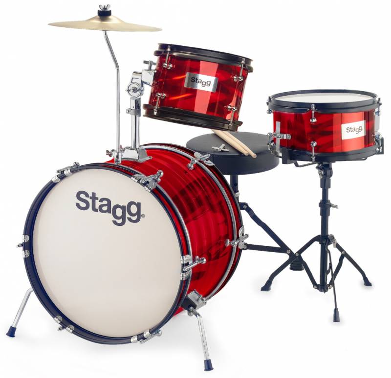 BATERIA STAGG PARA NIÑOS 16 3 CUERPOS CON PLATILLO-PALILLOS-BANQUETA COLOR ROJO METALIZADO