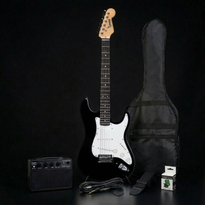 SET GUITARRA ELECTRICA LEONARD CON AMPLIFICADOR 10W-FUNDA ACOLCHADA-AFINADOR-CORREA-PUAS-COLOR NEGRO