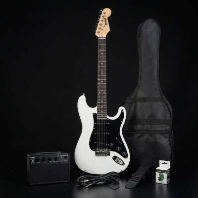 SET GUITARRA ELECTRICA LEONARD CON AMPLIFICADOR 10W-FUNDA ACOLCHADA-AFINADOR-CORREA-PUAS-BLANCO