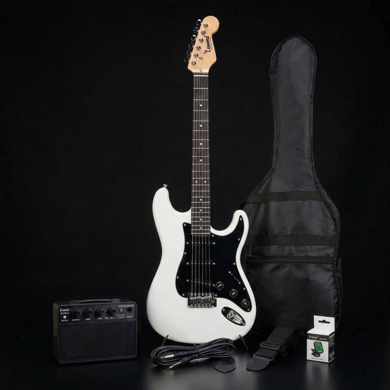 SET GUITARRA ELECTRICA LEONARD CON AMPLIFICADOR 10W-FUNDA ACOLCHADA-AFINADOR-CORREA-PUAS-BLANCO