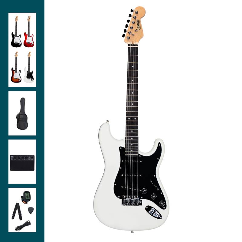 SET GUITARRA ELECTRICA LEONARD CON AMPLIFICADOR 10W-FUNDA ACOLCHADA-AFINADOR-CORREA-PUAS-BLANCO