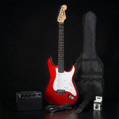 SET GUITARRA ELECTRICA LEONARD CON AMPLIFICADOR 10W-FUNDA ACOLCHADA-AFINADOR-CORREA-PUAS-ROJO