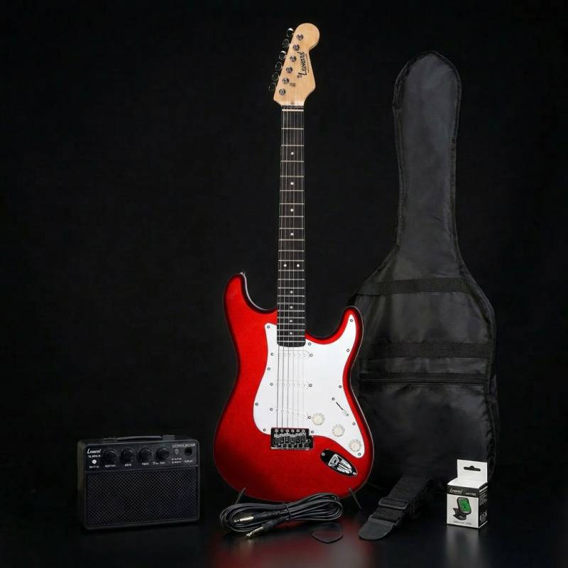 SET GUITARRA ELECTRICA LEONARD CON AMPLIFICADOR 10W-FUNDA ACOLCHADA-AFINADOR-CORREA-PUAS-ROJO