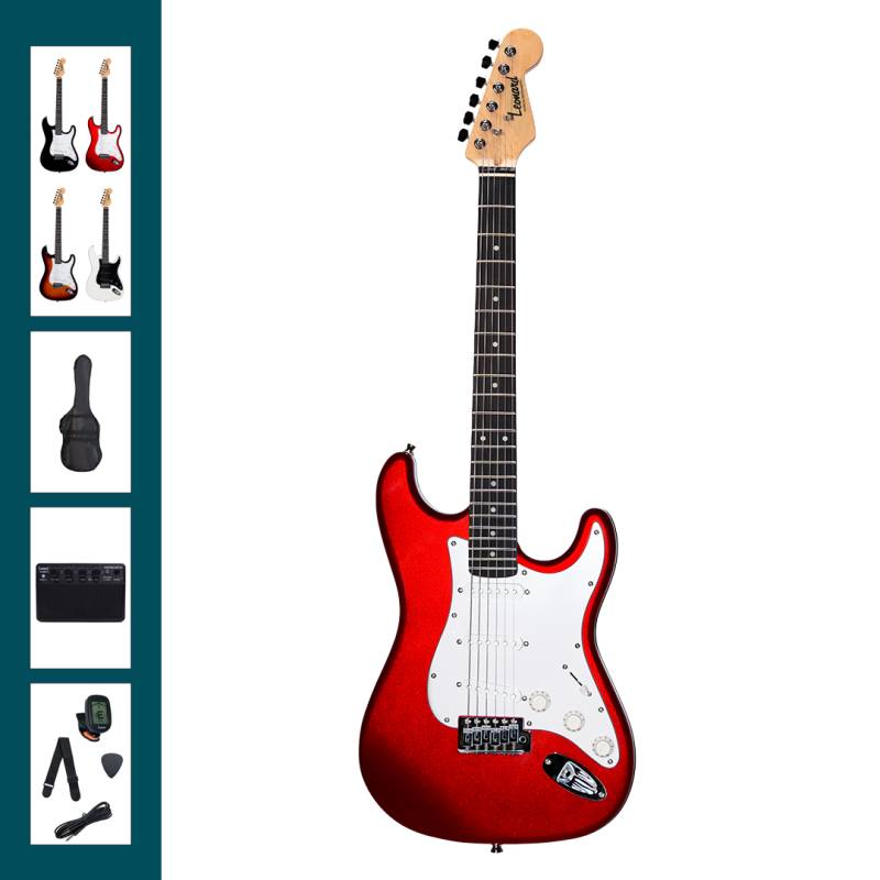 SET GUITARRA ELECTRICA LEONARD CON AMPLIFICADOR 10W-FUNDA ACOLCHADA-AFINADOR-CORREA-PUAS-ROJO